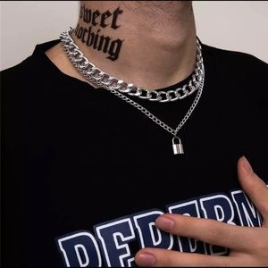 Unisex Silver Chunky Chain Lock Pendant Necklace